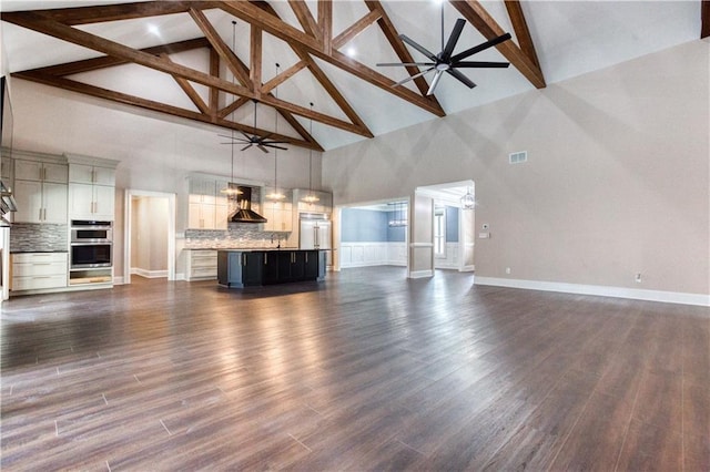 unfurnished living room featuring ceiling fan, dark wood-style flooring, visible vents, and baseboards