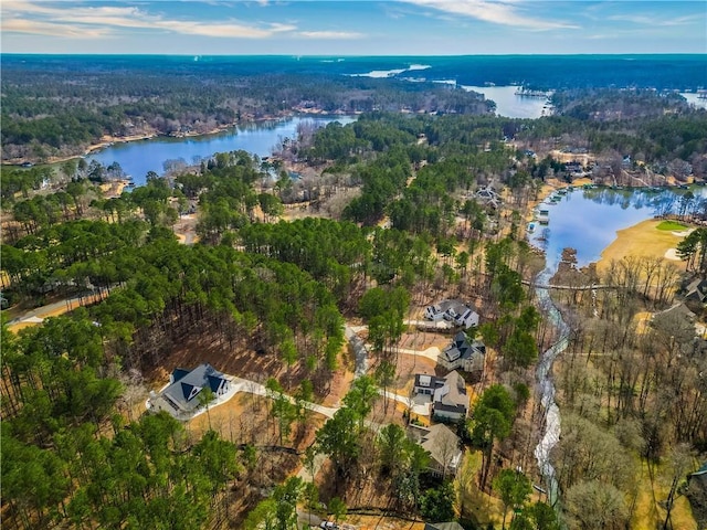 bird's eye view featuring a water view and a view of trees