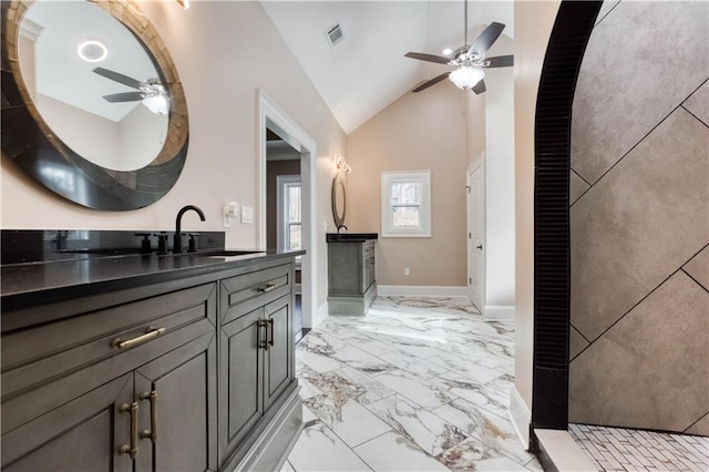 bathroom with visible vents, baseboards, ceiling fan, marble finish floor, and vanity