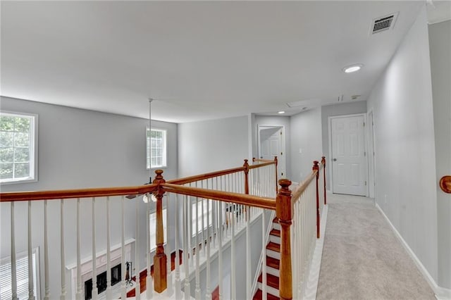 3805 Roxwood Park Dr, Buford, GA 30518 - hall with an upstairs landing, carpet, baseboards, attic access, and recessed lighting