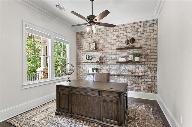 office area with ceiling fan, crown molding, and wood-type flooring