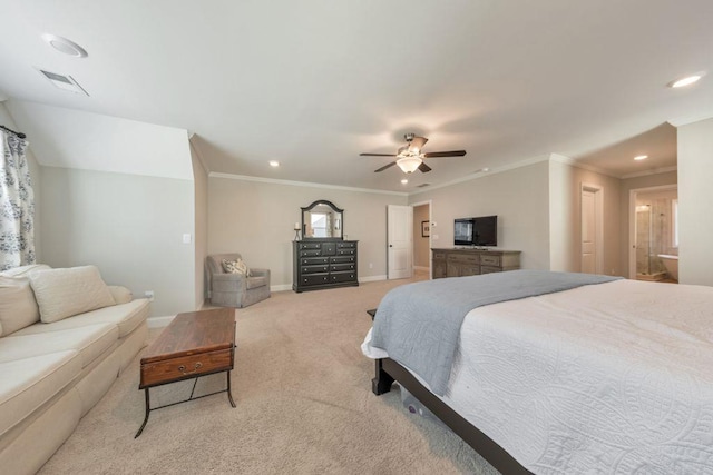 bedroom featuring ornamental molding, ceiling fan, connected bathroom, and light colored carpet