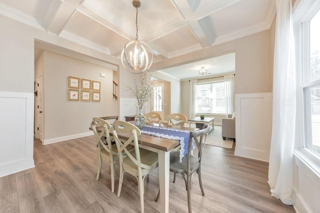 dining area with wood-type flooring, beamed ceiling, and coffered ceiling