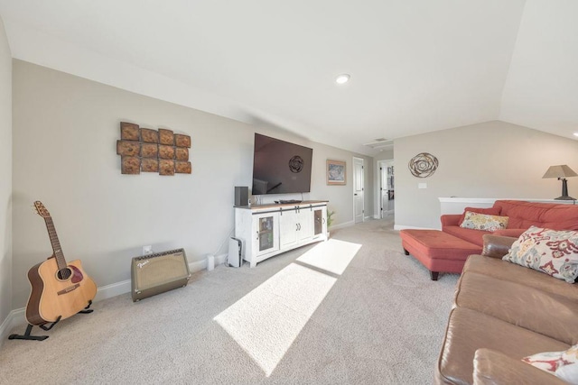 living room with light carpet and vaulted ceiling