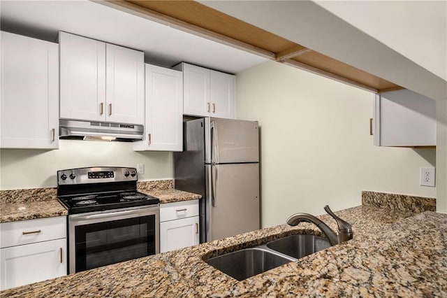3655 Habersham Rd NE Unit 203, Atlanta, GA 30305 - kitchen featuring under cabinet range hood, appliances with stainless steel finishes, a sink, white cabinetry, and light stone counters