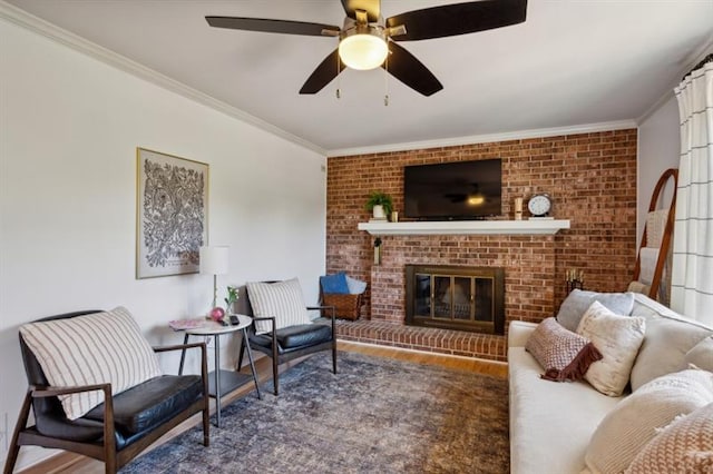 interior space with brick wall, ornamental molding, and a brick fireplace