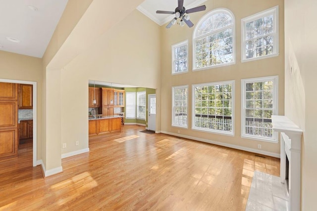 unfurnished living room with light hardwood / wood-style floors, a healthy amount of sunlight, and sink