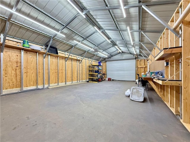 garage with a workshop area