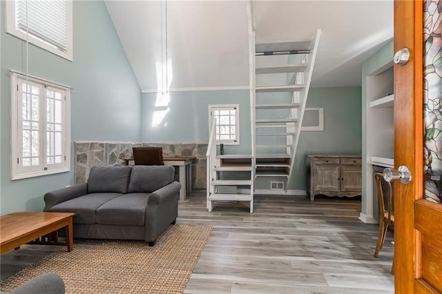 living room with hardwood / wood-style flooring and high vaulted ceiling