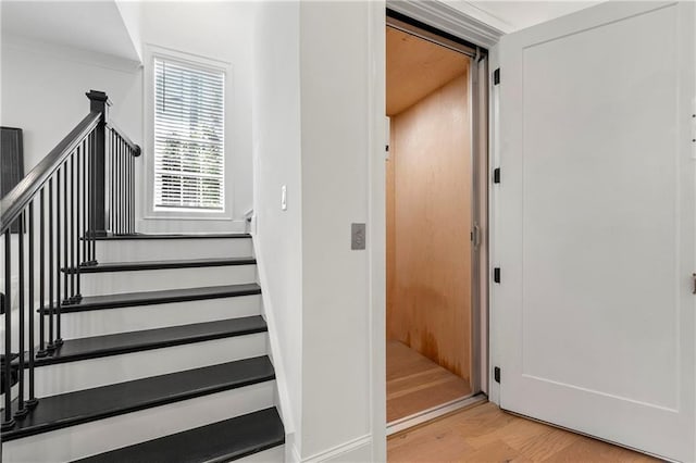 stairs featuring wood finished floors