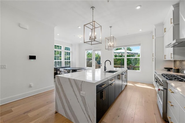 kitchen with stainless steel range, light wood-style floors, a center island with sink, and a sink