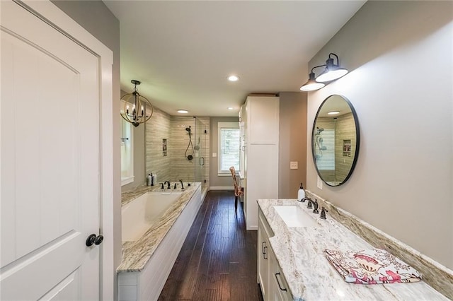527 Gaddis Rd, Canton, GA 30115 - full bathroom featuring vanity, a stall shower, a bath, recessed lighting, and a chandelier