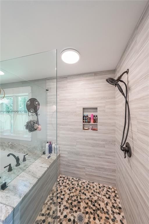 527 Gaddis Rd, Canton, GA 30115 - bathroom with tiled shower and tile patterned floors