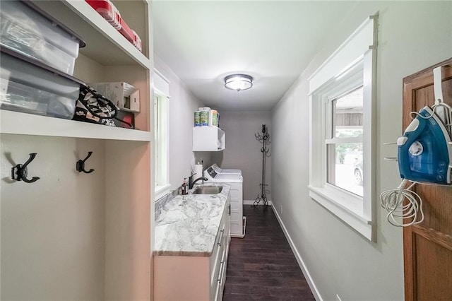 527 Gaddis Rd, Canton, GA 30115 - laundry room with cabinet space, washer / clothes dryer, and dark wood-type flooring
