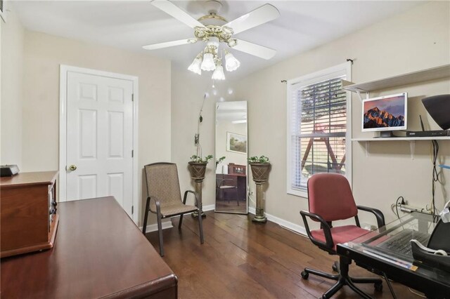 office space featuring dark wood-type flooring and ceiling fan