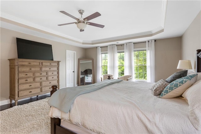 141 Ennisbrook Dr SE, Smyrna, GA 30082 - bedroom featuring a tray ceiling, crown molding, a ceiling fan, and baseboards