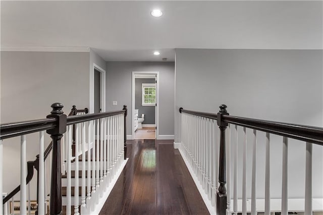 141 Ennisbrook Dr SE, Smyrna, GA 30082 - hallway with an upstairs landing, recessed lighting, wood-type flooring, and baseboards