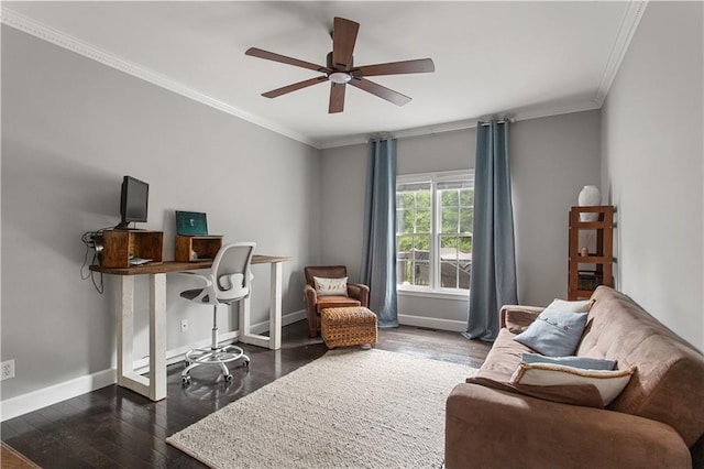 141 Ennisbrook Dr SE, Smyrna, GA 30082 - home office with crown molding, dark wood-style flooring, baseboards, and a ceiling fan