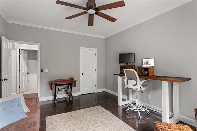 141 Ennisbrook Dr SE, Smyrna, GA 30082 - office featuring wood finished floors, ornamental molding, ceiling fan, and baseboards