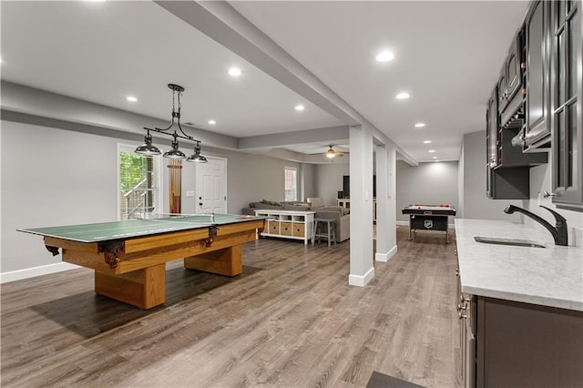 141 Ennisbrook Dr SE, Smyrna, GA 30082 - recreation room featuring baseboards, billiards table, light wood finished floors, a sink, and recessed lighting