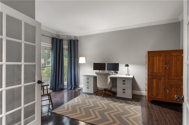 141 Ennisbrook Dr SE, Smyrna, GA 30082 - office area featuring ornamental molding, hardwood / wood-style flooring, baseboards, and french doors