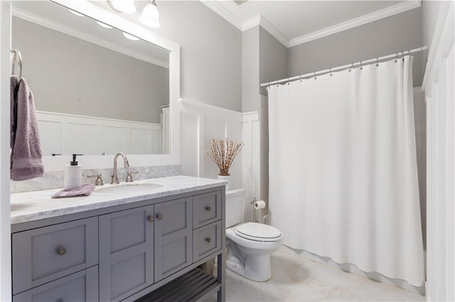141 Ennisbrook Dr SE, Smyrna, GA 30082 - full bathroom with crown molding, toilet, vanity, a decorative wall, and wainscoting
