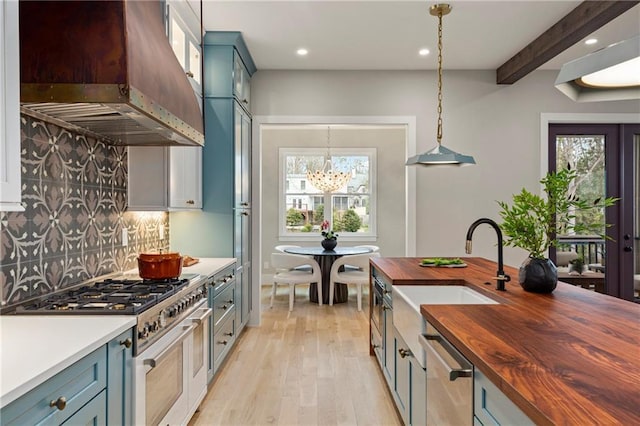 662 Timm Valley Rd NE, Atlanta, GA 30305 - kitchen with a sink, backsplash, range hood, appliances with stainless steel finishes, and wooden counters