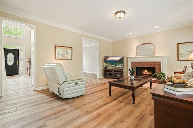 3130 Crestmont Way NW, Kennesaw, GA 30152 - living room featuring light wood-style floors, baseboards, crown molding, a fireplace, and recessed lighting