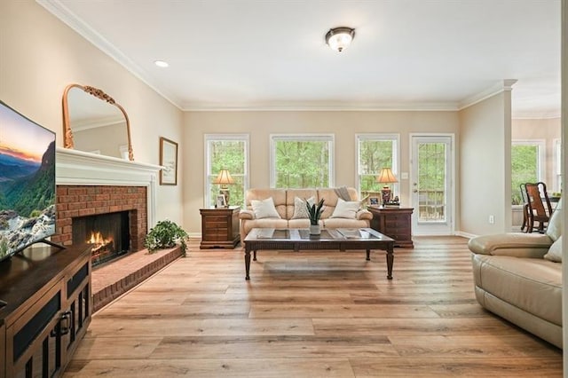 3130 Crestmont Way NW, Kennesaw, GA 30152 - living room featuring ornamental molding, a brick fireplace, wood finished floors, recessed lighting, and baseboards