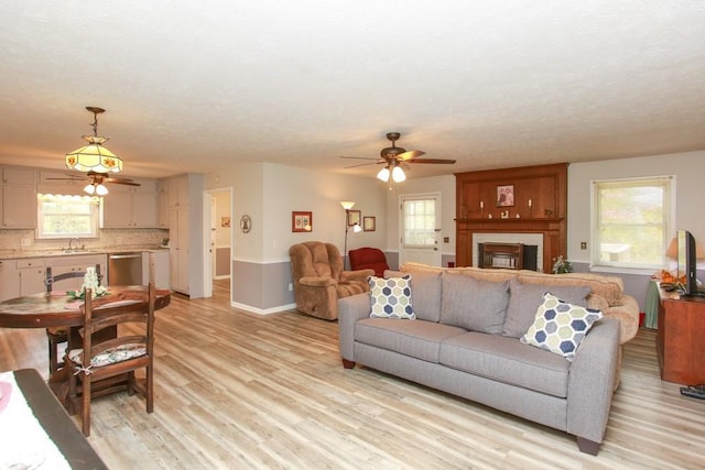 living room with a fireplace, sink, light hardwood / wood-style flooring, and a healthy amount of sunlight