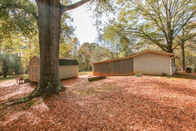 view of yard featuring a storage shed