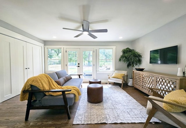 living area featuring recessed lighting, wood finished floors, ceiling fan, and french doors