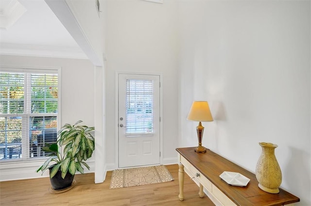 doorway with hardwood / wood-style floors and crown molding