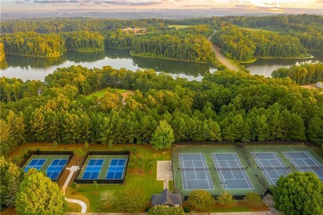 birds eye view of property featuring a water view and a view of trees