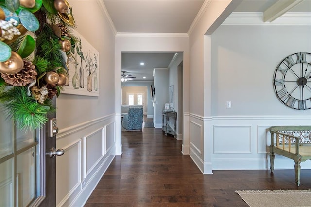 interior space with dark wood-style flooring, a decorative wall, ornamental molding, a ceiling fan, and wainscoting