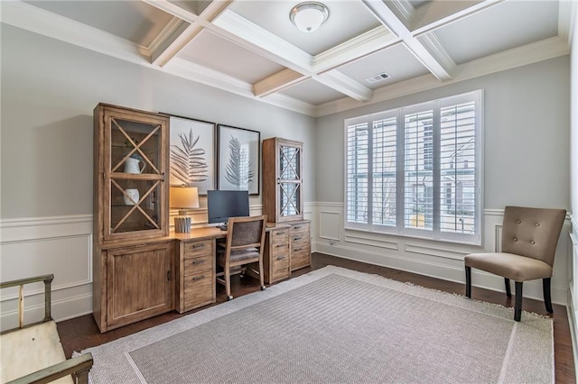 home office with dark wood-style floors, visible vents, wainscoting, coffered ceiling, and beamed ceiling