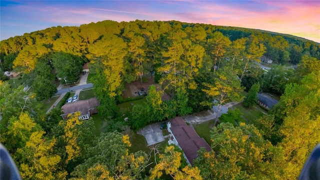 aerial view at dusk featuring a view of trees