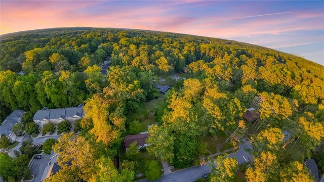 bird's eye view featuring a wooded view