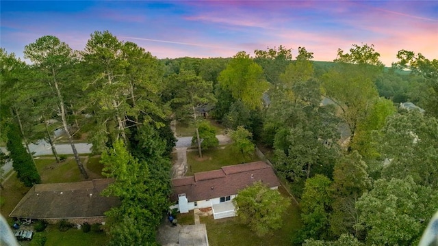 aerial view at dusk with a view of trees