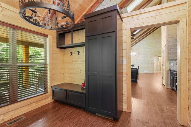 1102 Soque Wilderness Rd, Clarkesville, GA 30523 - mudroom featuring dark wood-style flooring, wood walls, and wood ceiling