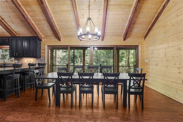 1102 Soque Wilderness Rd, Clarkesville, GA 30523 - dining room with wooden ceiling, wooden walls, a chandelier, and dark wood-style flooring