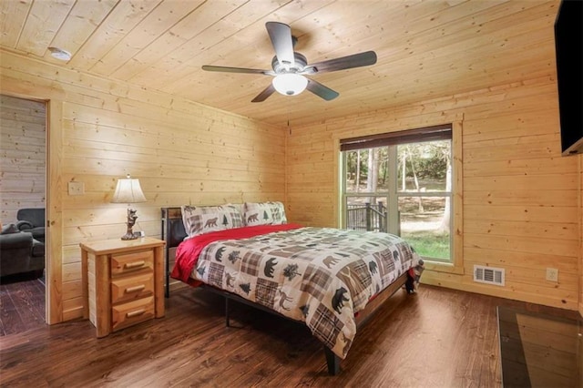 1102 Soque Wilderness Rd, Clarkesville, GA 30523 - bedroom featuring wooden ceiling, wood walls, dark wood-type flooring, and ceiling fan