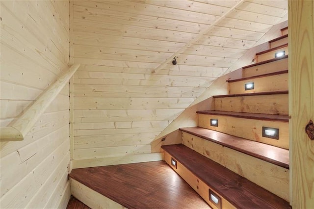 1102 Soque Wilderness Rd, Clarkesville, GA 30523 - stairs featuring wood ceiling, lofted ceiling, wood walls, and wood finished floors