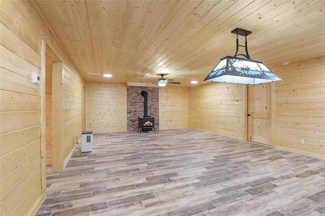1102 Soque Wilderness Rd, Clarkesville, GA 30523 - empty room with wood ceiling, a wood stove, wood walls, and wood finished floors