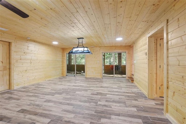 1102 Soque Wilderness Rd, Clarkesville, GA 30523 - unfurnished dining area featuring wooden ceiling, wooden walls, wood finished floors, and recessed lighting
