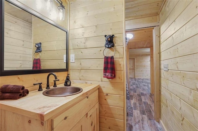 1102 Soque Wilderness Rd, Clarkesville, GA 30523 - bathroom featuring wooden walls, vanity, wood finished floors, and wooden ceiling