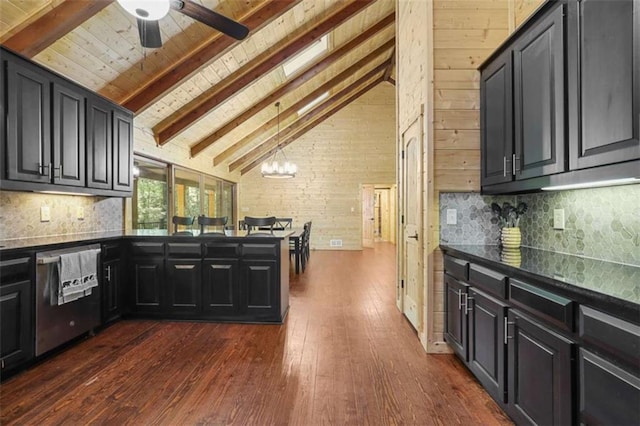 1102 Soque Wilderness Rd, Clarkesville, GA 30523 - kitchen featuring stainless steel dishwasher, dark wood-style floors, dark countertops, tasteful backsplash, and a ceiling fan