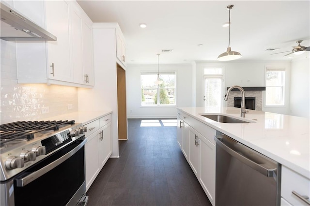 709 Dodd Ln Unit 165, Buford, GA 30518 - kitchen featuring appliances with stainless steel finishes, a sink, under cabinet range hood, light countertops, and white cabinetry