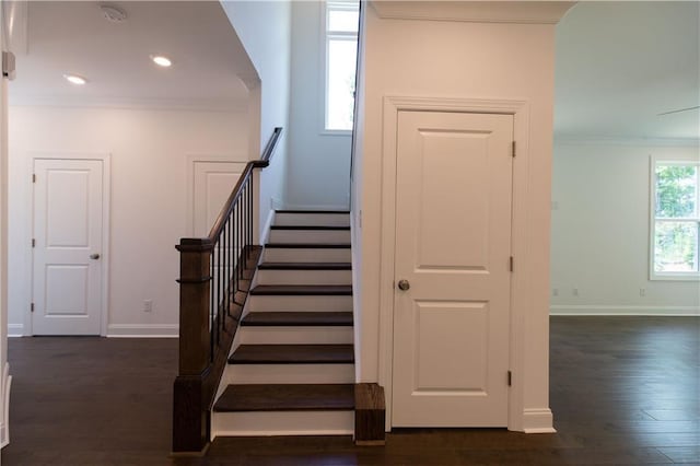709 Dodd Ln Unit 165, Buford, GA 30518 - stairway with crown molding, baseboards, arched walkways, wood finished floors, and recessed lighting