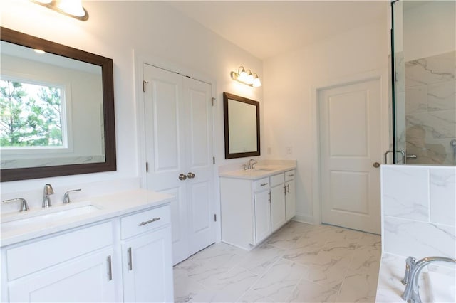 709 Dodd Ln Unit 165, Buford, GA 30518 - full bathroom with two vanities, marble finish floors, and a marble finish shower